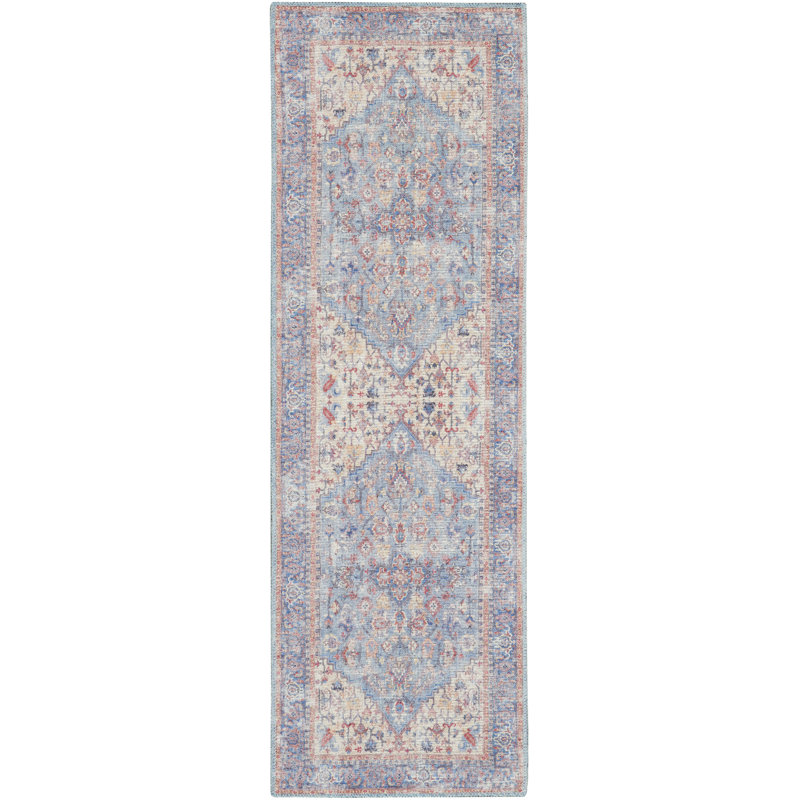 Machine Washable Oriental Blue/Red Area Rug, Runner 2'2" x 12'