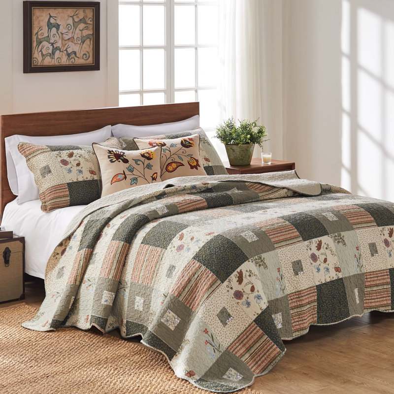 Gray and Beige Cotton Twin Quilt Set with Floral Embroidery