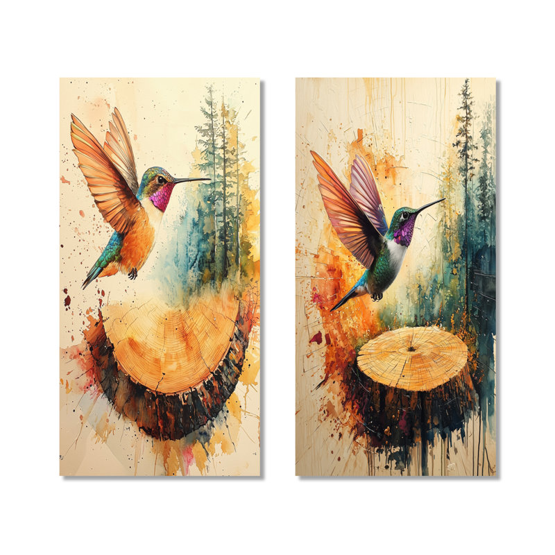 Ensemble de 2 décorations murales en métal Hummingbird into the Wood Slide II - Birds, 32" H x 32" W