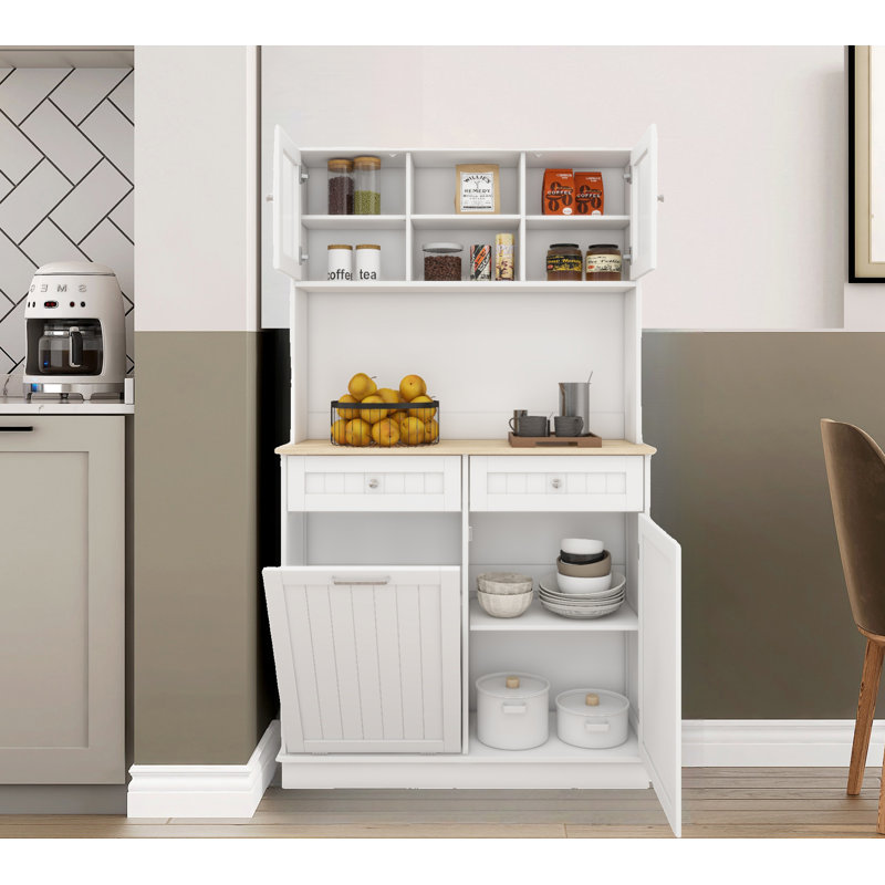 Tall  Storage Cabinet With 3 Adjustable Shelves, 2 Drawers And 1 Tilt Out Trash Cabinet