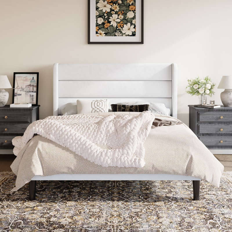 Modern Velvet Upholstered Platform Bed With Wooden Slats Wingback Headboard Included, Full, White