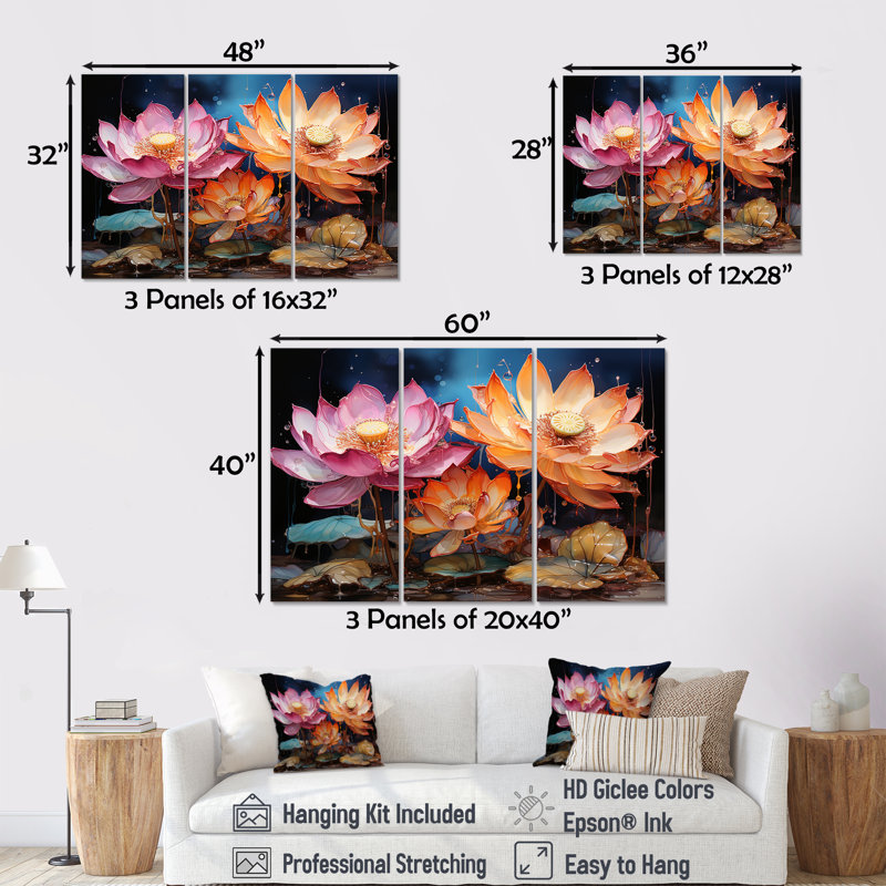 «Lotus Expressionist Vitality I», ensemble d'art sur toile de lotus, H 28 po x l 36 po x P 1 po