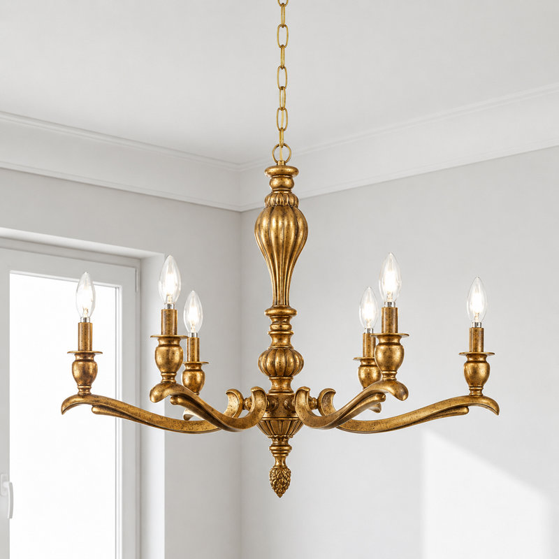 Lustre en laiton antique 6 lumières Dia 27 pouces