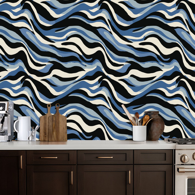 Papier peint adhésif autocollant à rayures zébrées noir blanc et bleu, amovible, adhésif mural, pour armoires de cuisine de chambre à coucher 17,7 po x 118 po