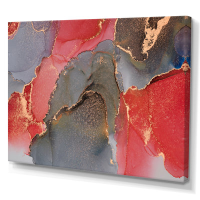 Gris et rouge, art abstrait fluide de luxe - peinture sur toile