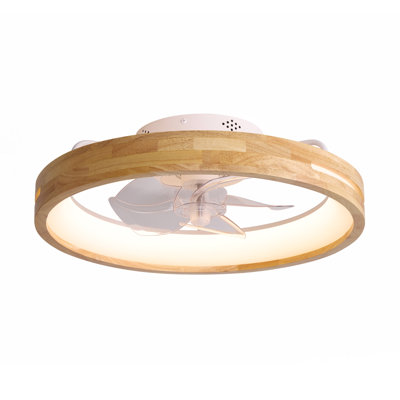 20" Modern Solid Wood Frame Flush Mount Ceiling Fan with LED Light and Remote APP Control for Bedroom Living Room