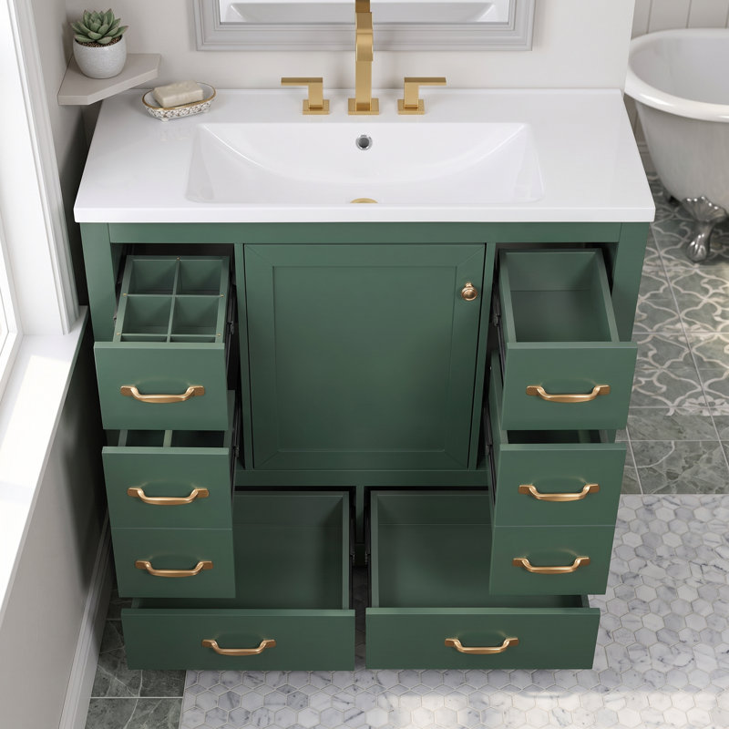 Meuble-lavabo autoportant en MDF de 91 cm (36 po) en bois massif, lavabo simple, étagère réglable, séparateur de tiroir multifonctionnel et accessoires de quincaillerie complets
