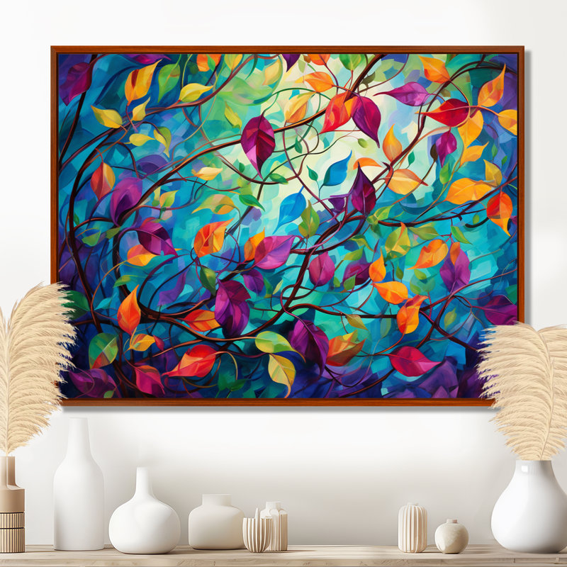Multicolor Vibrant Vines I - Abstract Botanicals, art mural, H 30 po x l 40 po x P 1,5 po, Cadre flottant brun
