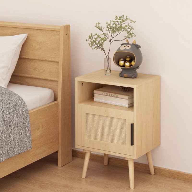 Table de chevet en rotin avec porte et tablette Boho