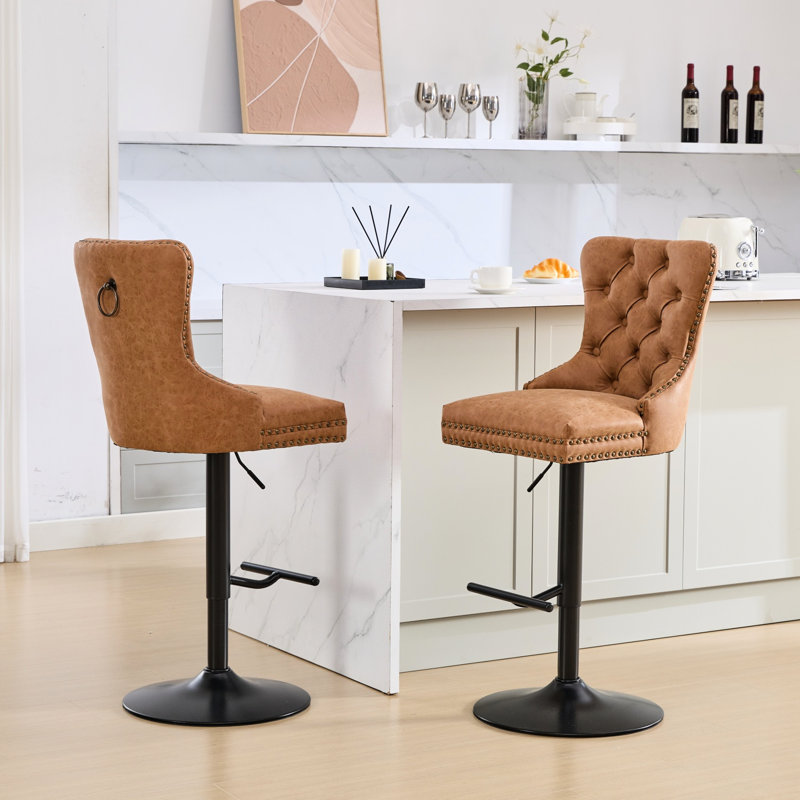 Tabourets de bar modernes en cuir PU orange - de 2 boutons tirés à la main sur le dossier, hauteur de siège réglable de 25 à 33 pouces, stabilité avec hauteur de rembourrage du dossier pour îlot de cuisine et pub