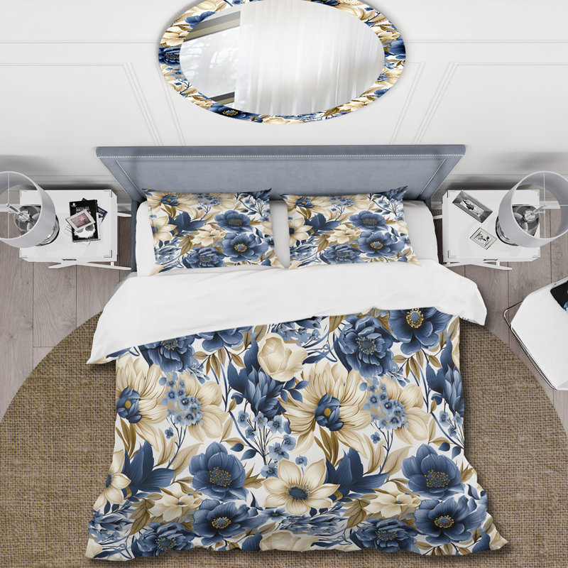 Ensemble de housse de couette beige et bleu à motif floral Farmhouse II, Housse de couette pour très grand lit et 2 très
