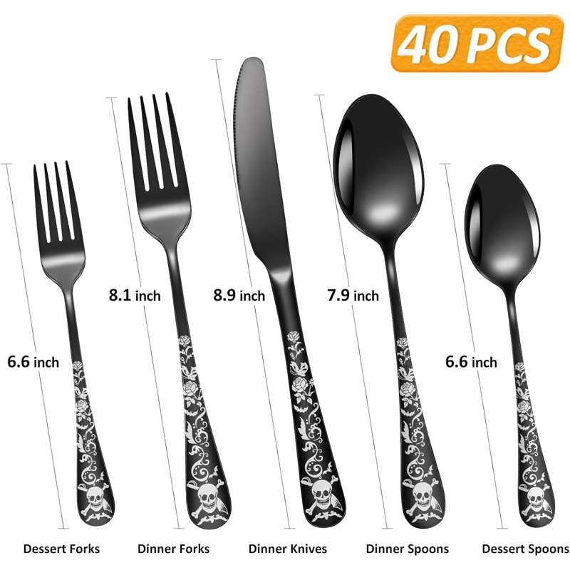 40-Piece Skull Pattern Flatware Set For 8, Gothic Pirate Rose Silverware With Skeleton Flower Bat Butterfly Design, Mirror Polished Stainless Steel Tableware For Halloween Party Gift