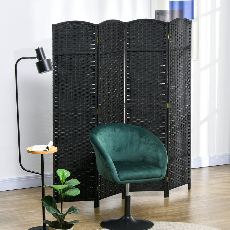 Paravent pliable 4 panneaux. Cloison de 5,6 pi pour la maison. Noir avec une touche tissée à la main et un plateau arqué enchanteur. Chambre polyvalente, bureau. Structure en bois, sangles en polypropylène. Léger,