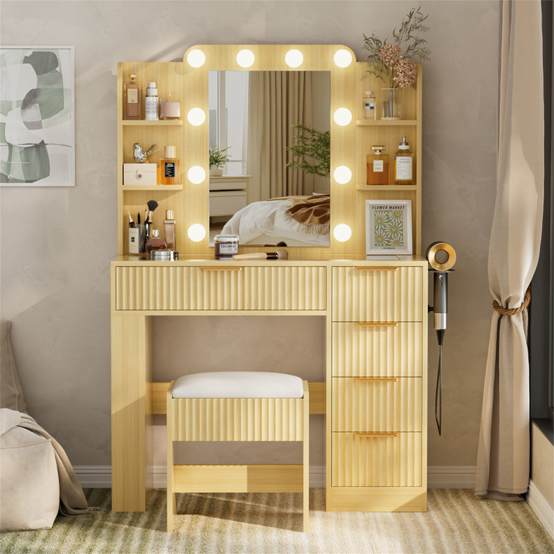 Vanity Table With Mirror And Lights, Vanity Desk And Cushioned Stool Set With Charging Station, Storage Drawers And Transparent Tabletop For Women Girls Bedroom