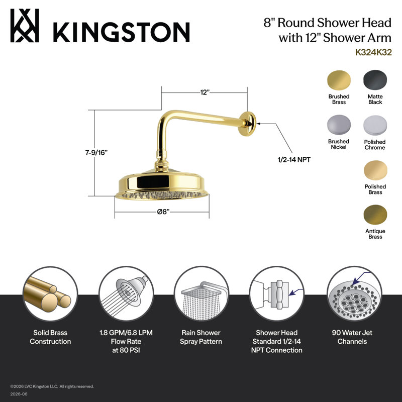 Pomme de douche ronde en laiton avec bras de douche 12 pouces Kingston, Laiton poli