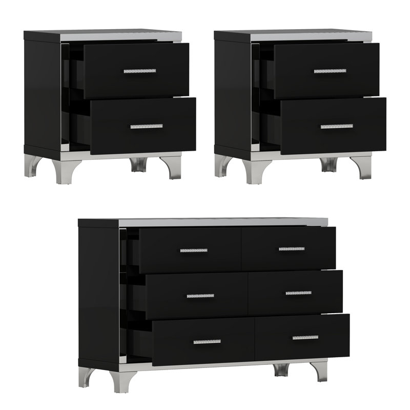 Ensemble 3 pièces, commode et deux tables de chevet avec poignées en métal et décoration de miroir, élégant et subtil, noir