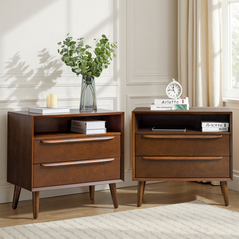 Aviannah Midcentury Modern 2-Drawer Nightstand With Built-In Charging Station And Rubber Wood Legs And Open Shelf (Set of 2)