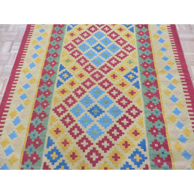Tapis bleu / jaune / rouge en laine fabriqué à la main à motif géométrique réversible de conception unique 5 pi x 8 pi Maho