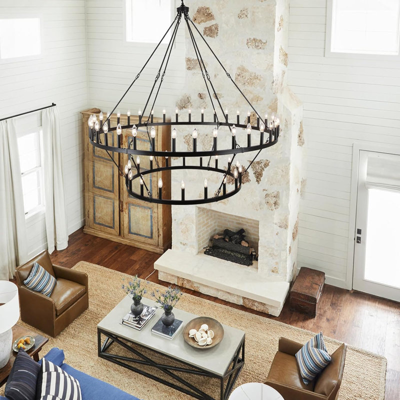 Neiges 54 - Light 60" Two Tier Large Farmhouse Rustic Candle Style Wagon Wheel Chandelier, Matte Black