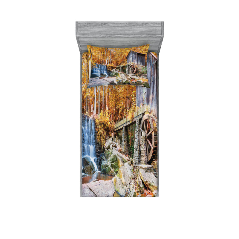 Ambesonne Waterfall Fitted Sheet & Pillow Sham Yellow Brown, Twin Sheet Set + 3 Additional Pieces