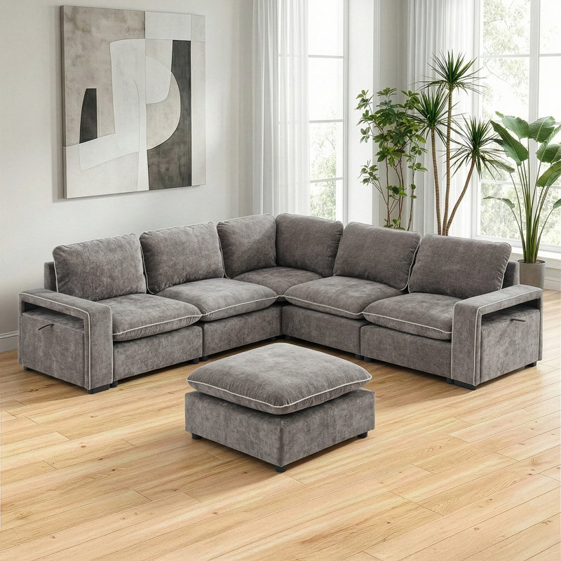102.36'' W 6-Piece Gray Chenille Modular Sectional With Storage Arm, Gray