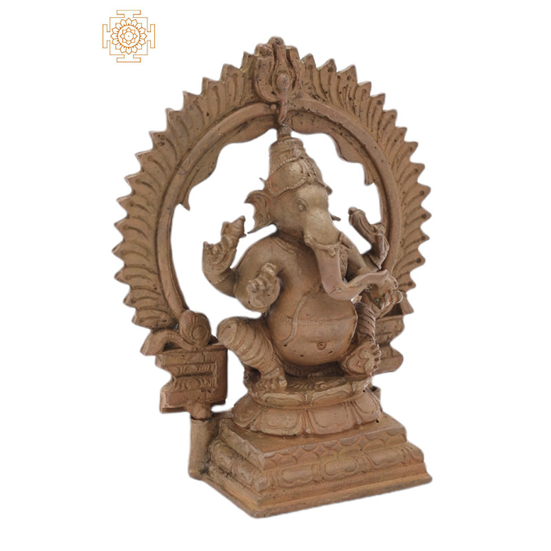 4" Small Bhagawan Ganesha with Kirtimukha Prabhavali - Handmade Panchaloha Bronze, Madhuchista Vidhana Lost-Wax from Swamimalai