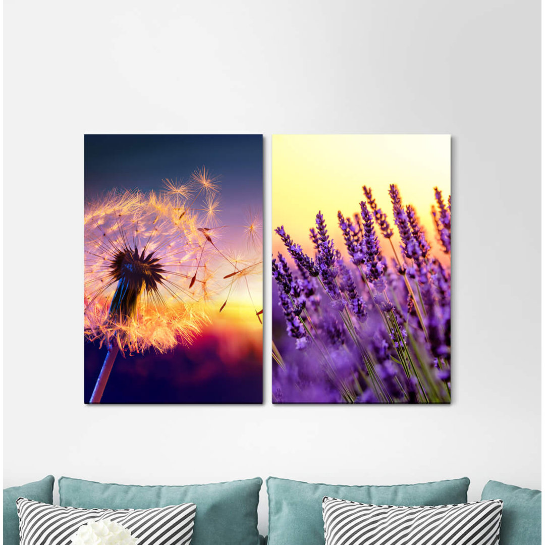 2-tlg. Leinwandbilder-Set - Grafikdruck „Blowball Summer Lavender Sunset Warm Soft Soft”