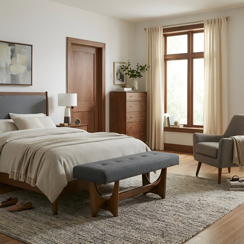 Upholstered Entryway Bench With Tufted Button Seat And Solid Wood Legs, Modern End Of Bed Bench For Living Room/Bedroom/Hallway