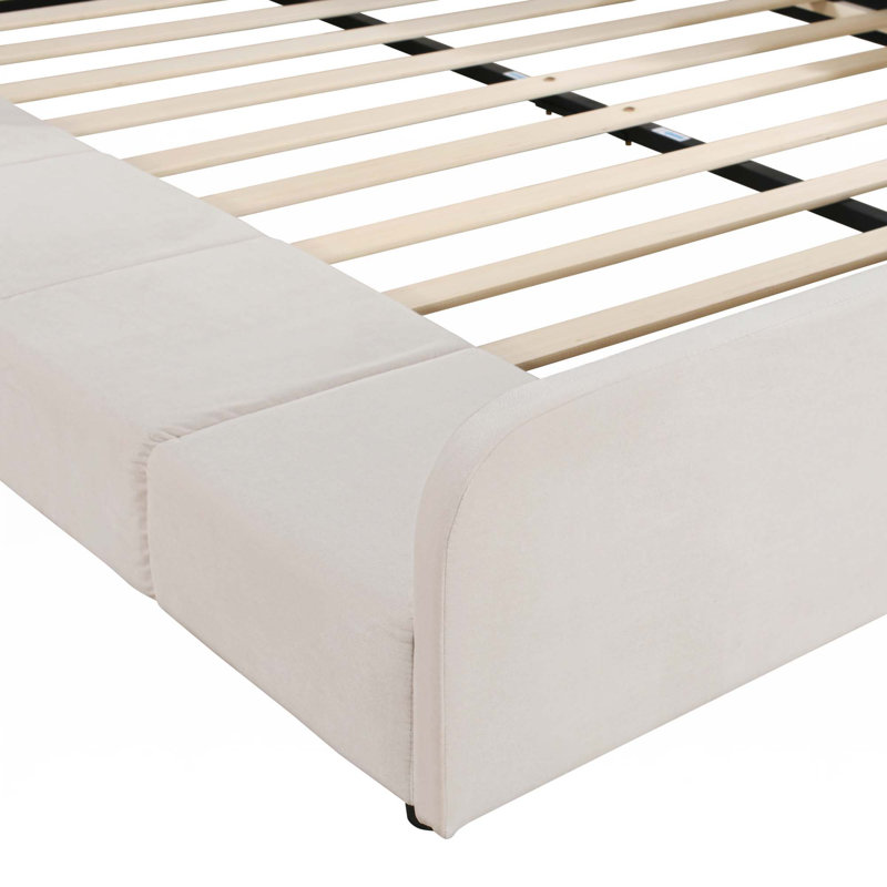 Upholstered Grounded Bed,Mother & Child Bed With Bedside Desk And Little Round Stool, Beige, Queen