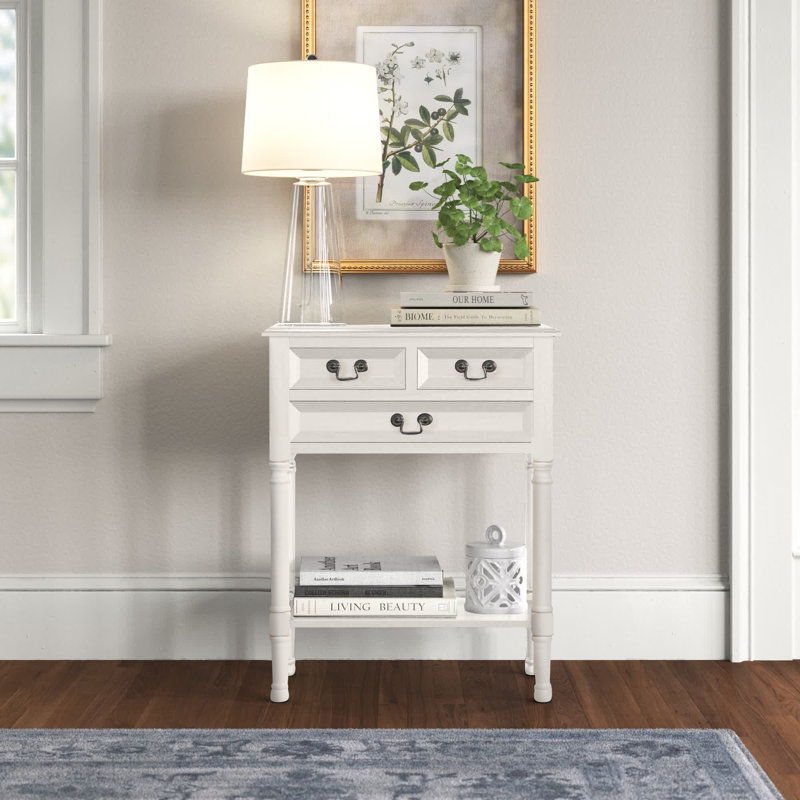 Rustic 23.5'' Rectangular Console Table – Durable Solid Wood with 3 Drawers and Turned Legs Storage, Distressed White
