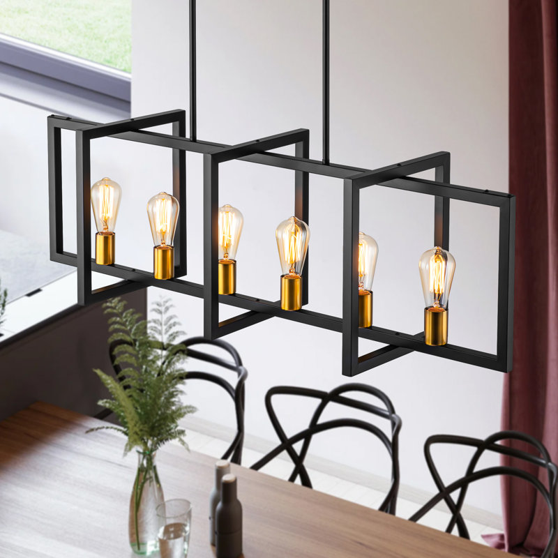 Lustre pour îlot de cuisine en métal Gabut, H 14 po x l 43 po x P 11,4 po, 6, Noir mat / Or