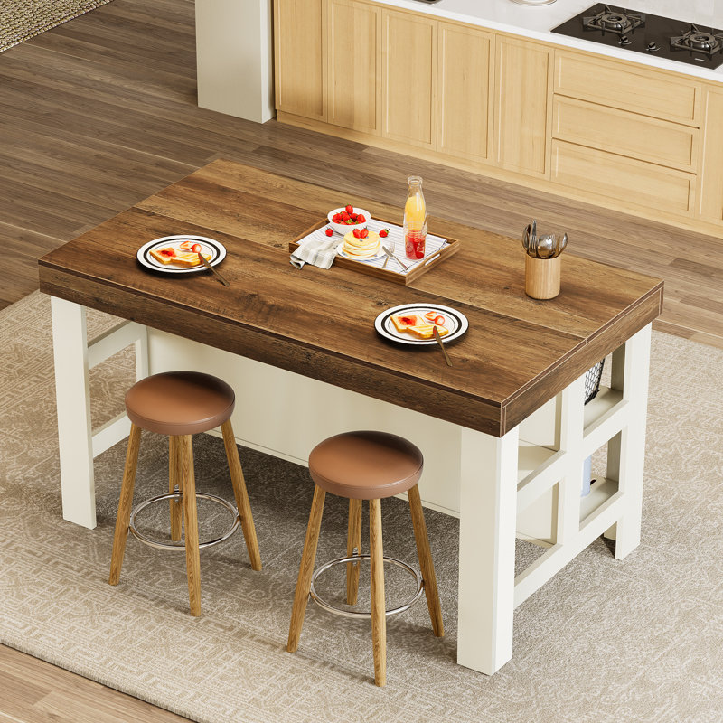 55.1" Kitchen Island Table With Storage And Seating Space For Kitchen Dining Room, Brown/White