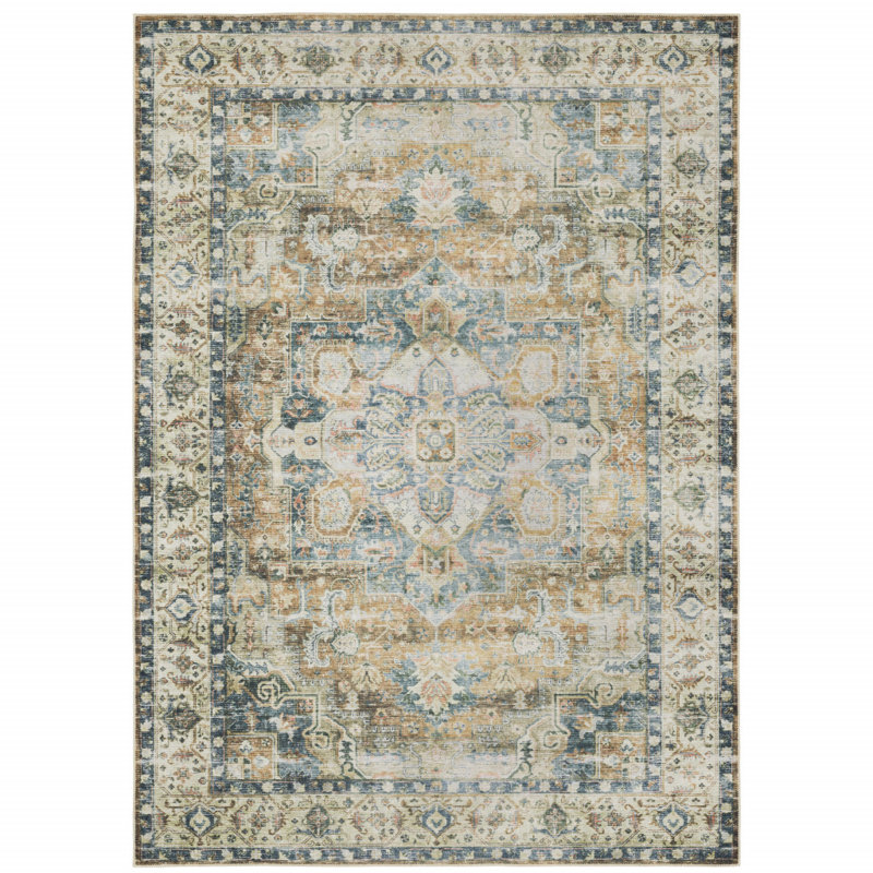 DiBernardo Machine Washable Performance Non-Skid Blue/Green/Gold Rug Mat, Rectangle 2' x 3'