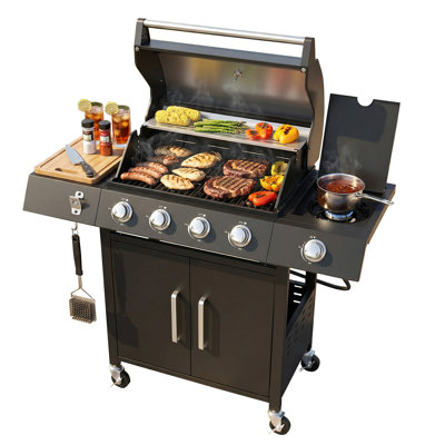 Barbecue au propane à 5 brûleurs, barbecue extérieur 58 000 BTU avec grille en fonte et thermostat Plastisol, rangement soigné, roues pour le patio extérieur