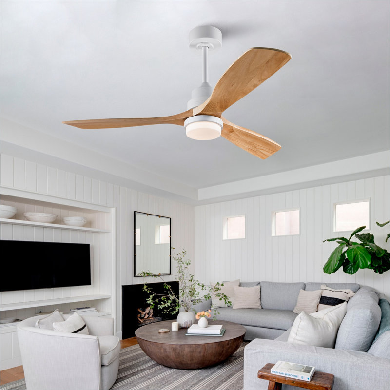 Ventilateur de plafond en bois massif de 52 pouces avec lumière DEL à intensité variable intégrée, télécommande, moteur à courant continu réversible, blanc doux