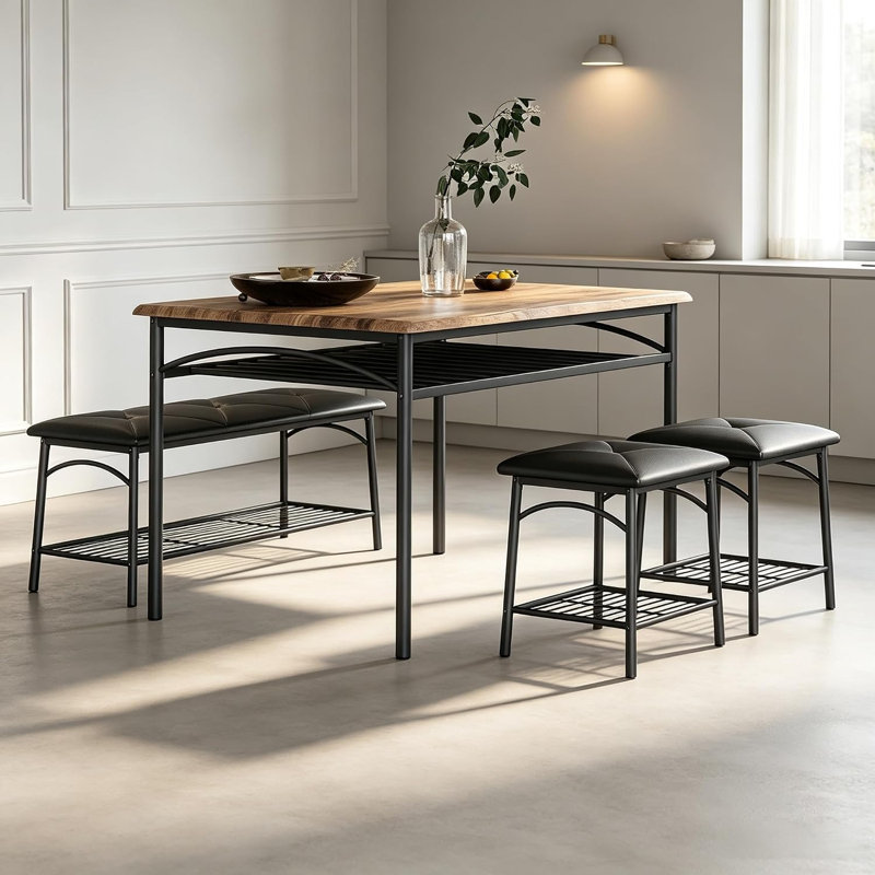 Ensemble table et chaises pour 4 personnes, table de cuisine avec banc et tabourets, brun, Couleur rétro