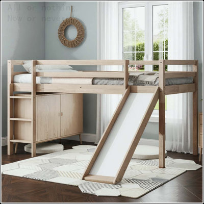 Lit simple mezzanine bas avec glissade, échelle, barrières de sécurité