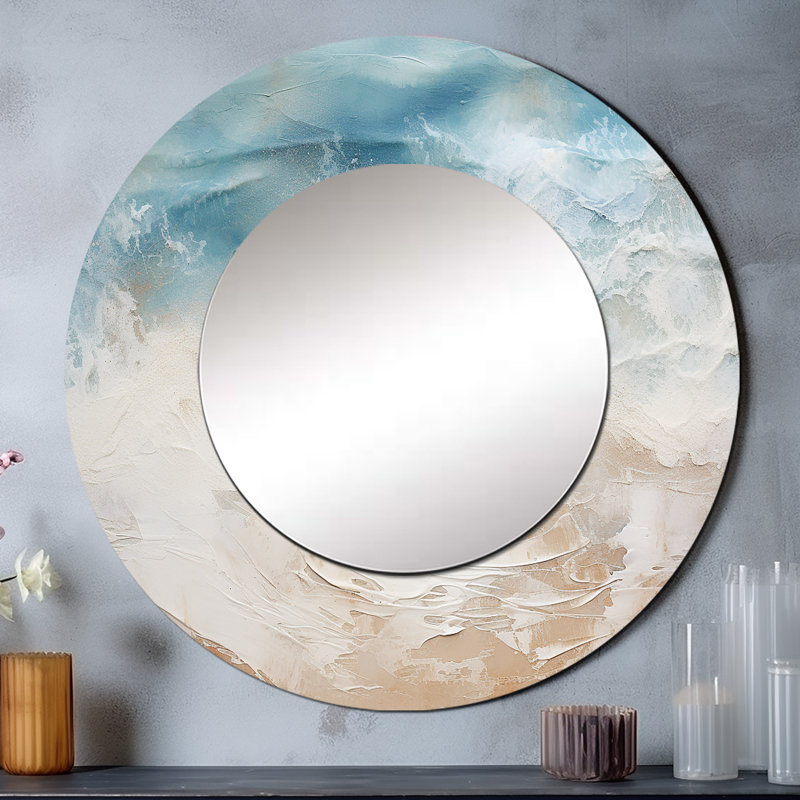 Moderne bleu et beige sable vue aérienne I - grand miroir de plage sable, décor de miroir mural rond beige unique, art imprimé en métal