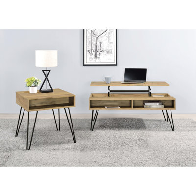 Rectangular Lift Top Coffee Table In Golden Oak And Black, With Hidden Storage Area, Engineered Wood Core, Smooth Veneer Finish, Black Metal Legs For