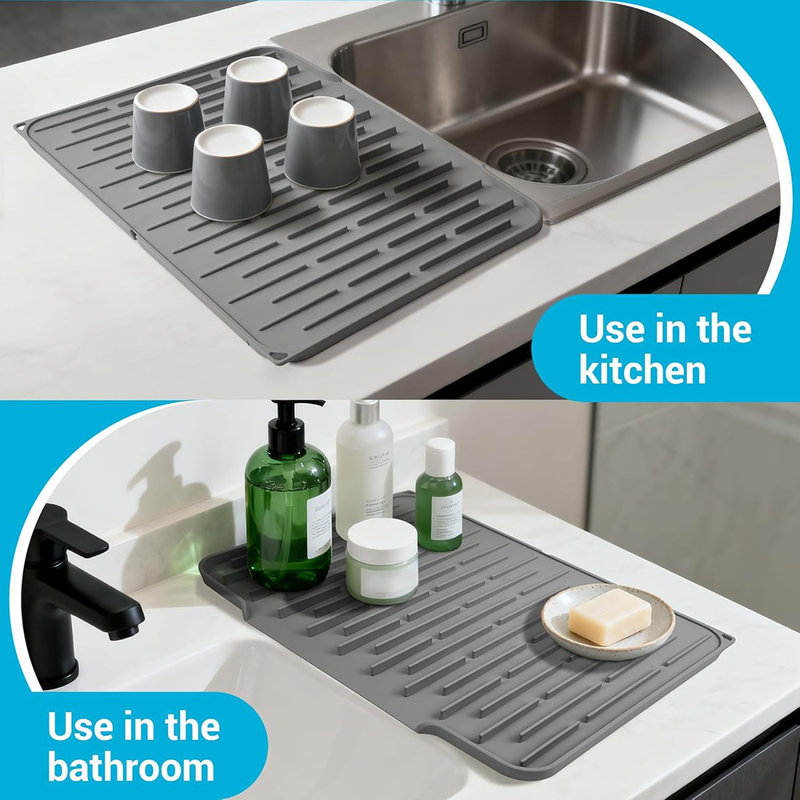 Silicone Dish Drying Mat – Dark Grey – Foldable, Heat Resistant, Non-Slip, 5° Slope, Wide Drain, Kitchen & Bathroom Countertop