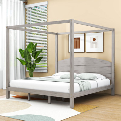 Modern King Size Wooden Canopy Platform Bed with Built-in Headboard