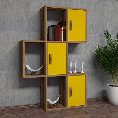 Modern Wall Shelf, Walnut & Yellow, 19.7 x 44.4 x 7.9 inches | 100% Melamine Coated Particle Board, Thickness: 0.7 inches | Numerous Shelves, Wall-Mountable Design | Perfect for Home Decor & Storage Solutions, Stylish and Functional