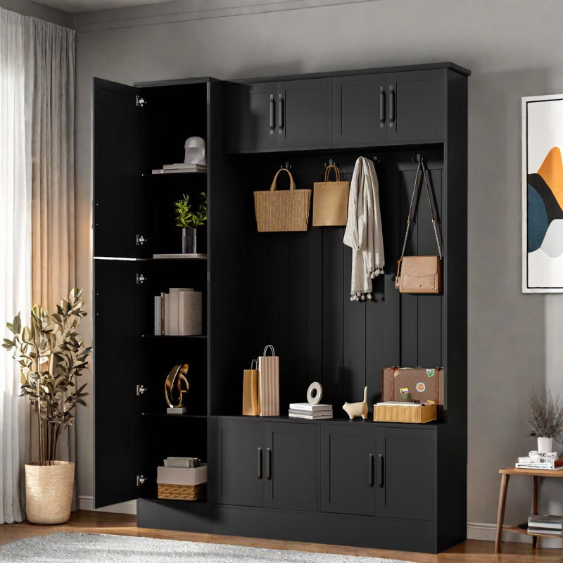 4-in-1 Tall Modern Hall Tree With Shoe Storage,  Cabinets, Coat Hooks, Metal Handles And Adjustable Shelves, Black