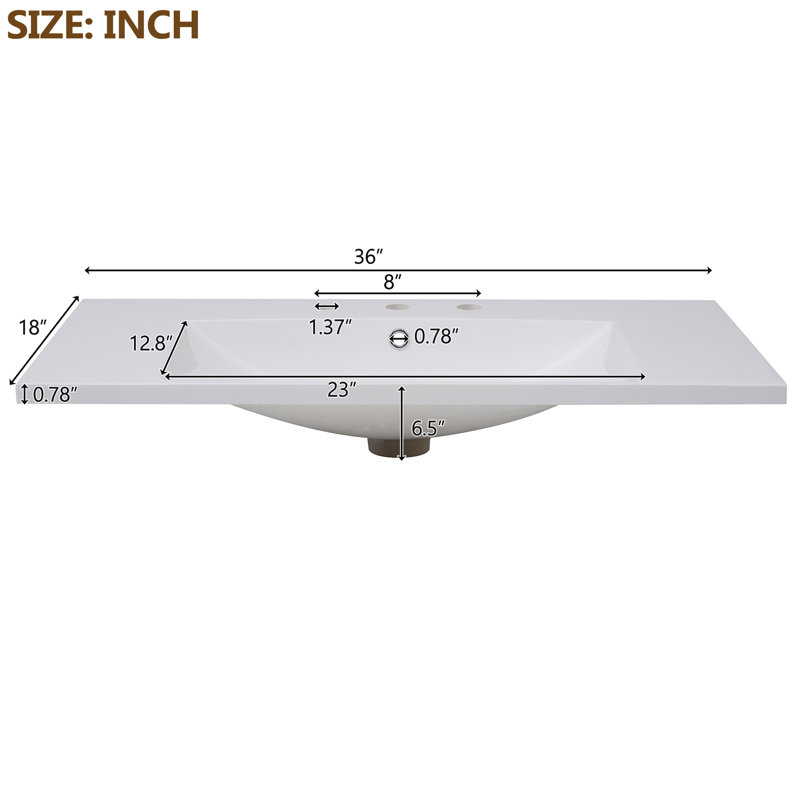 36''X18'' Resin Bathroom Sink. Drop In Basin With Overflow For Small Bathrooms. & Elegant, White Sink, Vanity Overflow. Compact Spaces. Stylish Practical Design