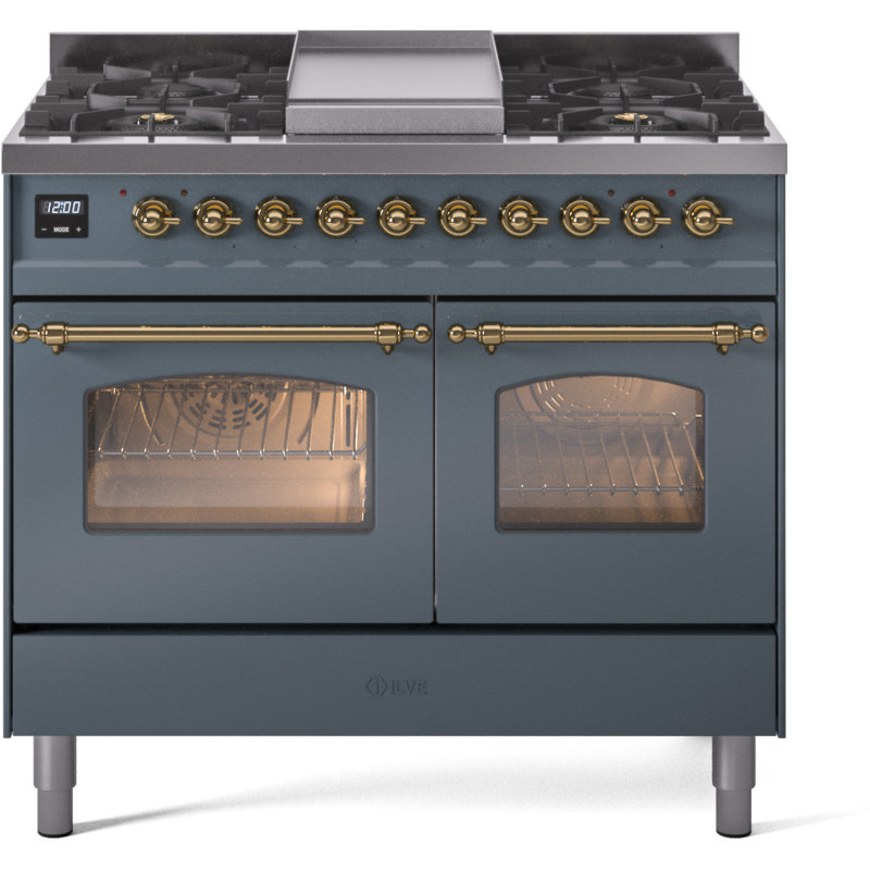 ILVE Nostalgie II Series 40 inch Dual Fuel Range with 6 Sealed Burners, Griddle (Glass Door), Liquid Propane, Blue Gray/Brass