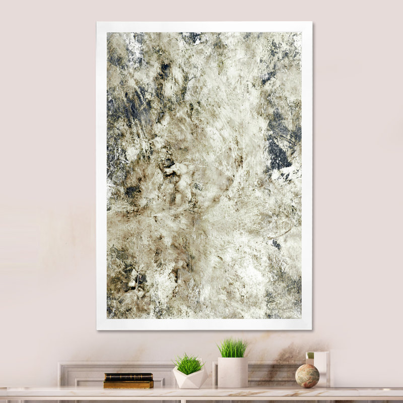 Gris et beige, art abstrait - art mural moderne et contemporain sur toile, H 12 po x l 8 po x P 1 po, Cadre photo blanc