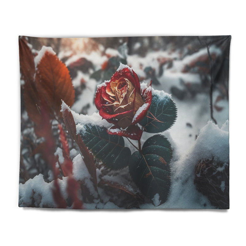 Tapisserie en polyester avec une fleur rose rouge en hiver III, H 32 po x l 39 po