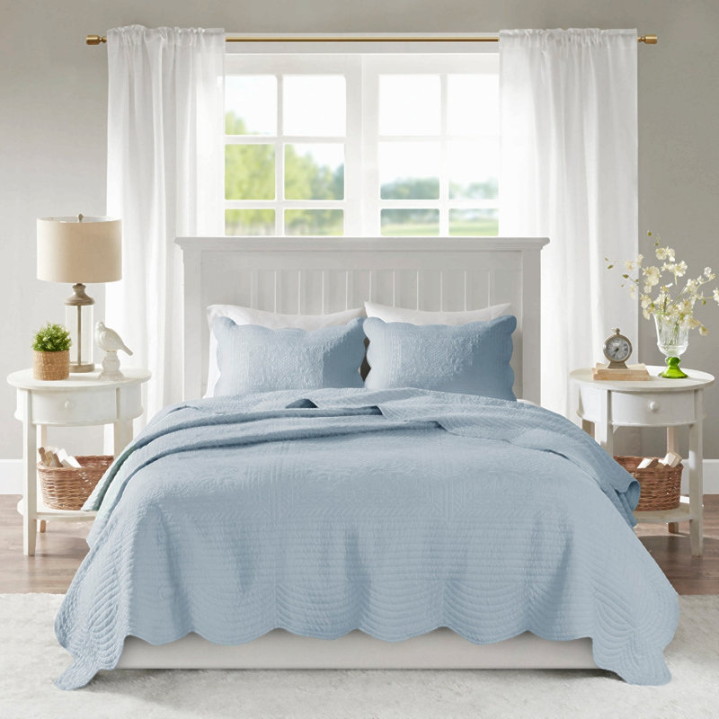 Ensemble de courtepointe réversible 3 pièces en coton bleu de style cottage, format King/Cal King