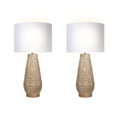 Celestial Carve Laser Cut Metal Table Lamp with Night Light - Distressed White & Tan - Set of 2