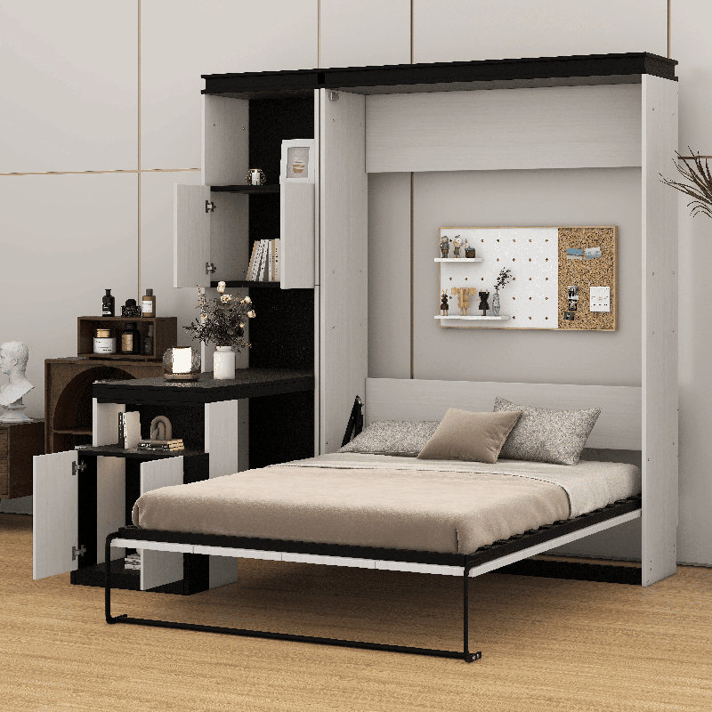 Lit escamotable double avec bureau, armoire de rangement et tablettes, cadre de lit plateforme pliable en bois